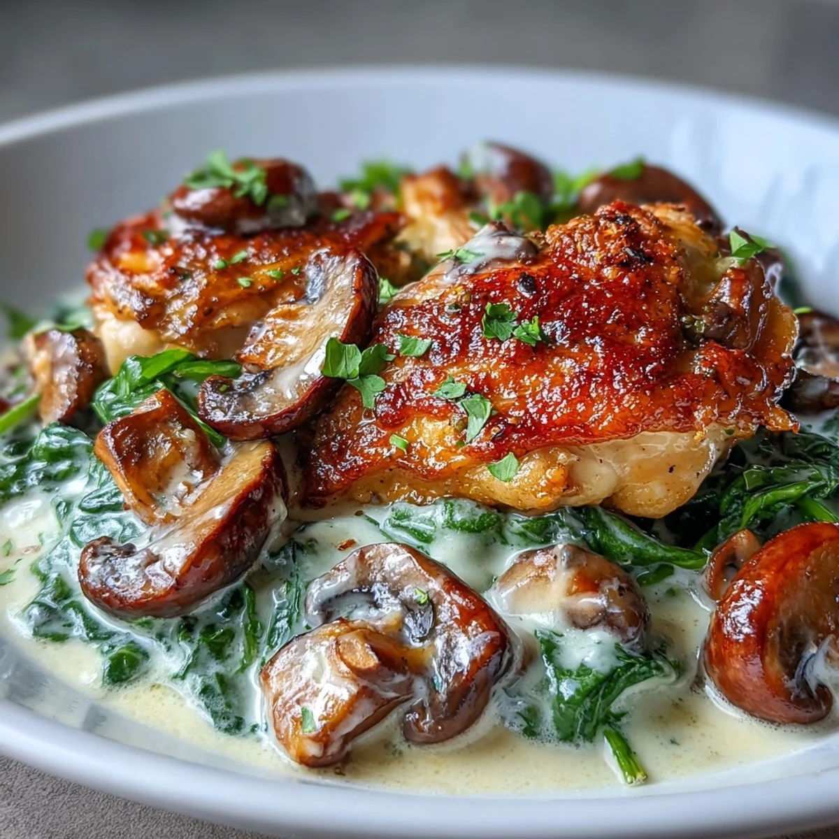 Keto Creamy Spinach Mushroom Chicken Skillet with tender chicken, sautéed mushrooms, and fresh spinach in a rich, cheesy cream sauce.