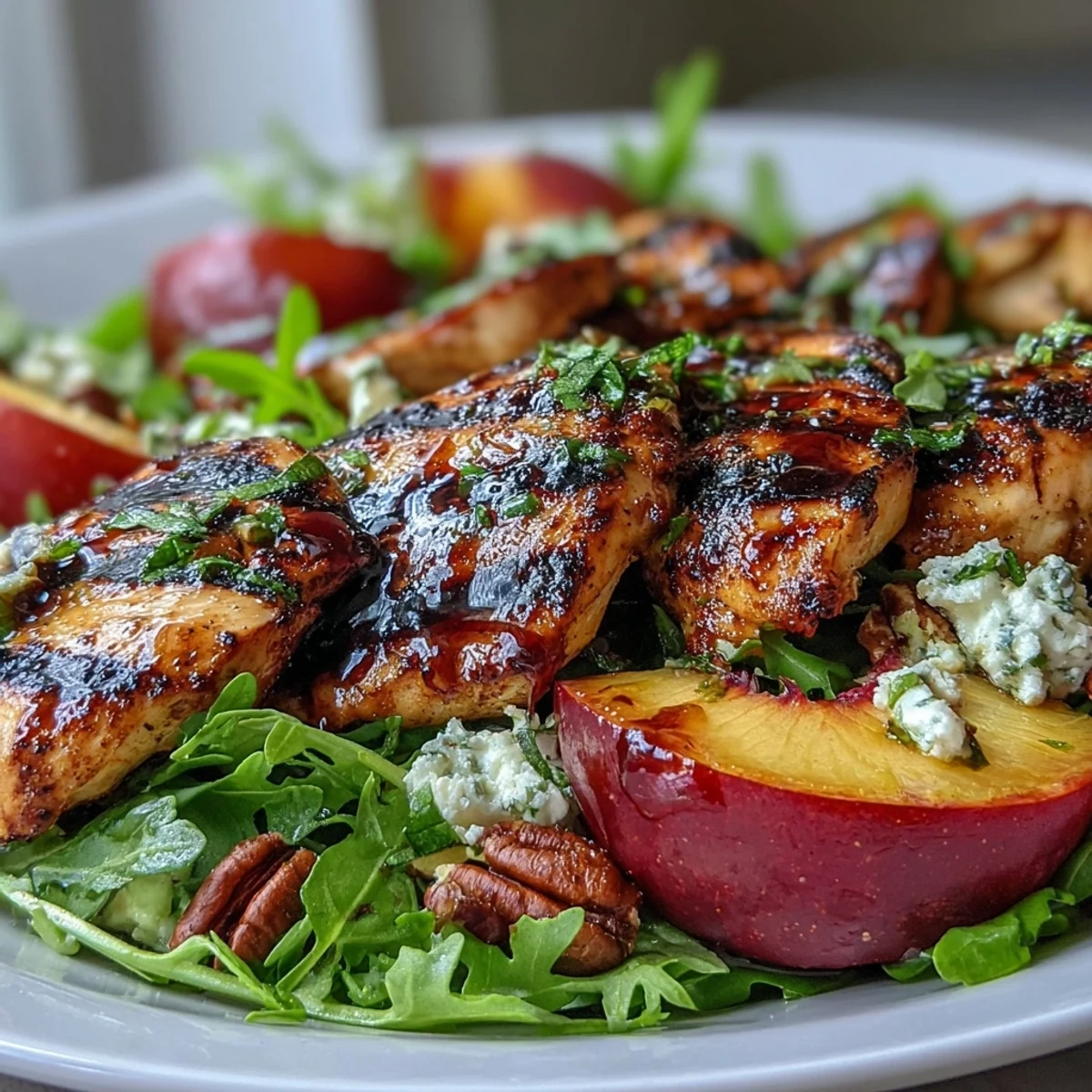 Juicy grilled chicken, ripe peaches, and fresh arugula topped with tangy balsamic reduction in a colorful summer salad.