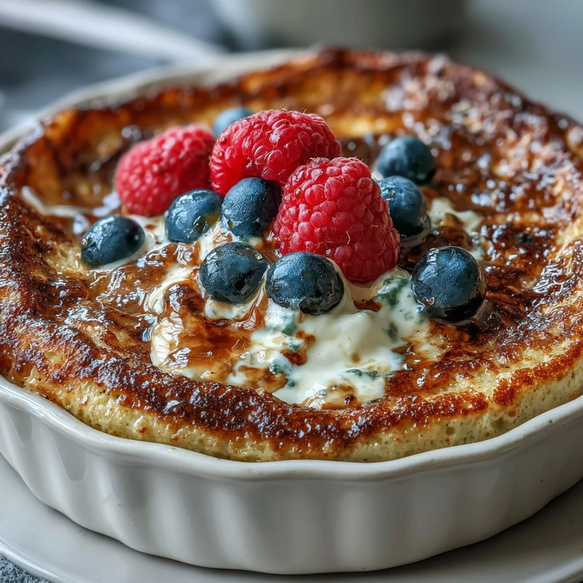 Fluffy baked protein pancake bowl with fresh raspberries, perfect for a high-protein breakfast that fuels your day.  