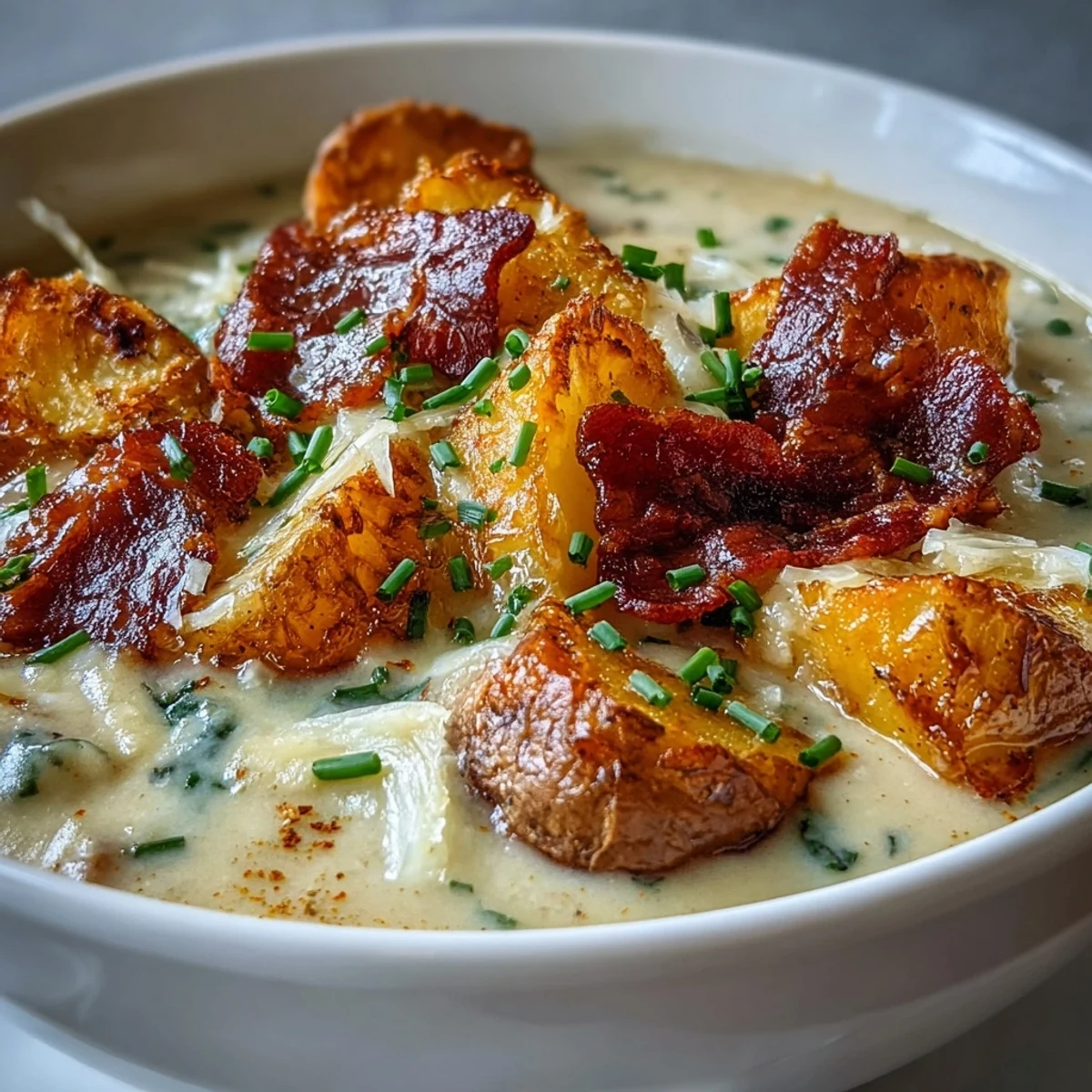 A comforting bowl of creamy potato soup topped with smoky bacon bits, melted cheddar, and green chives.  