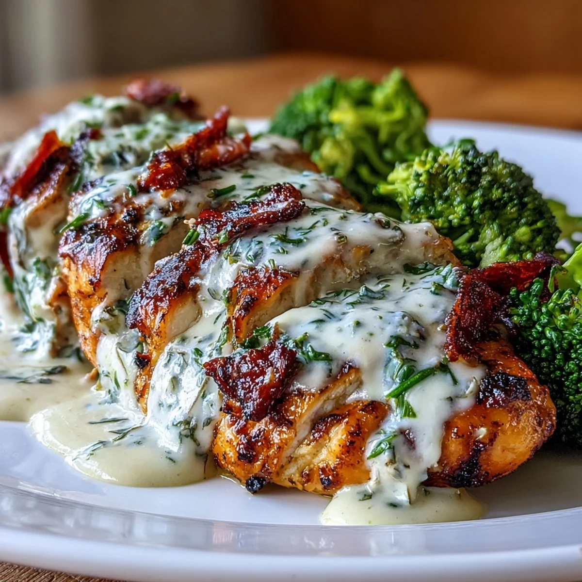 Grilled chicken and broccoli bowls topped with creamy garlic-Parmesan sauce for a healthy keto dinner.  