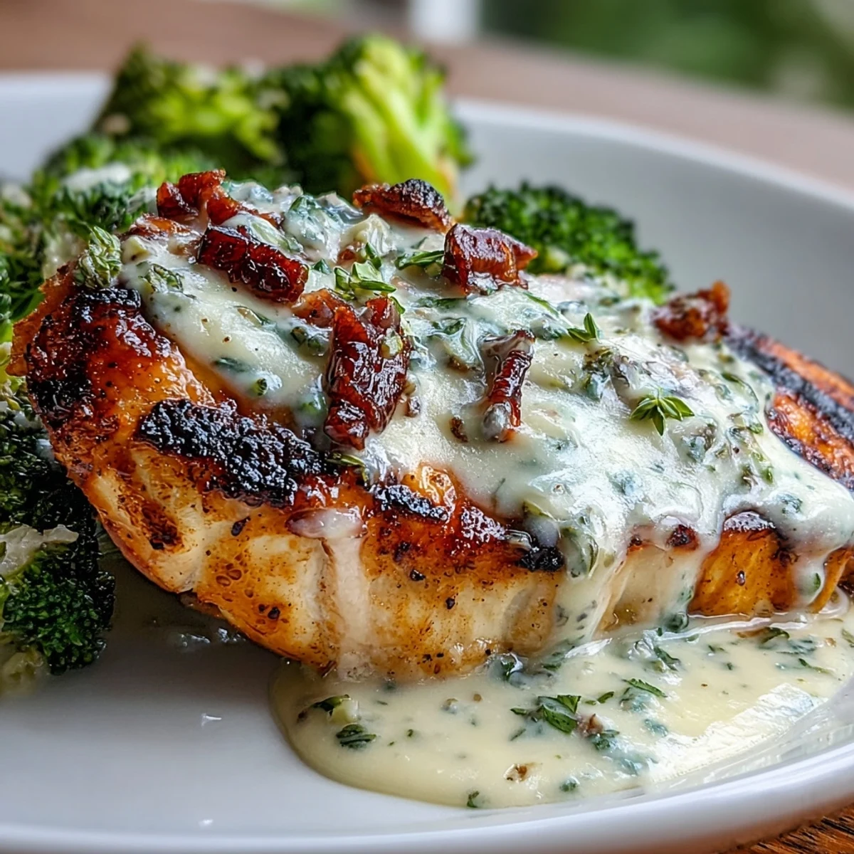 Juicy grilled chicken breasts served over tender broccoli florets, drizzled with rich, velvety garlic cream sauce.  