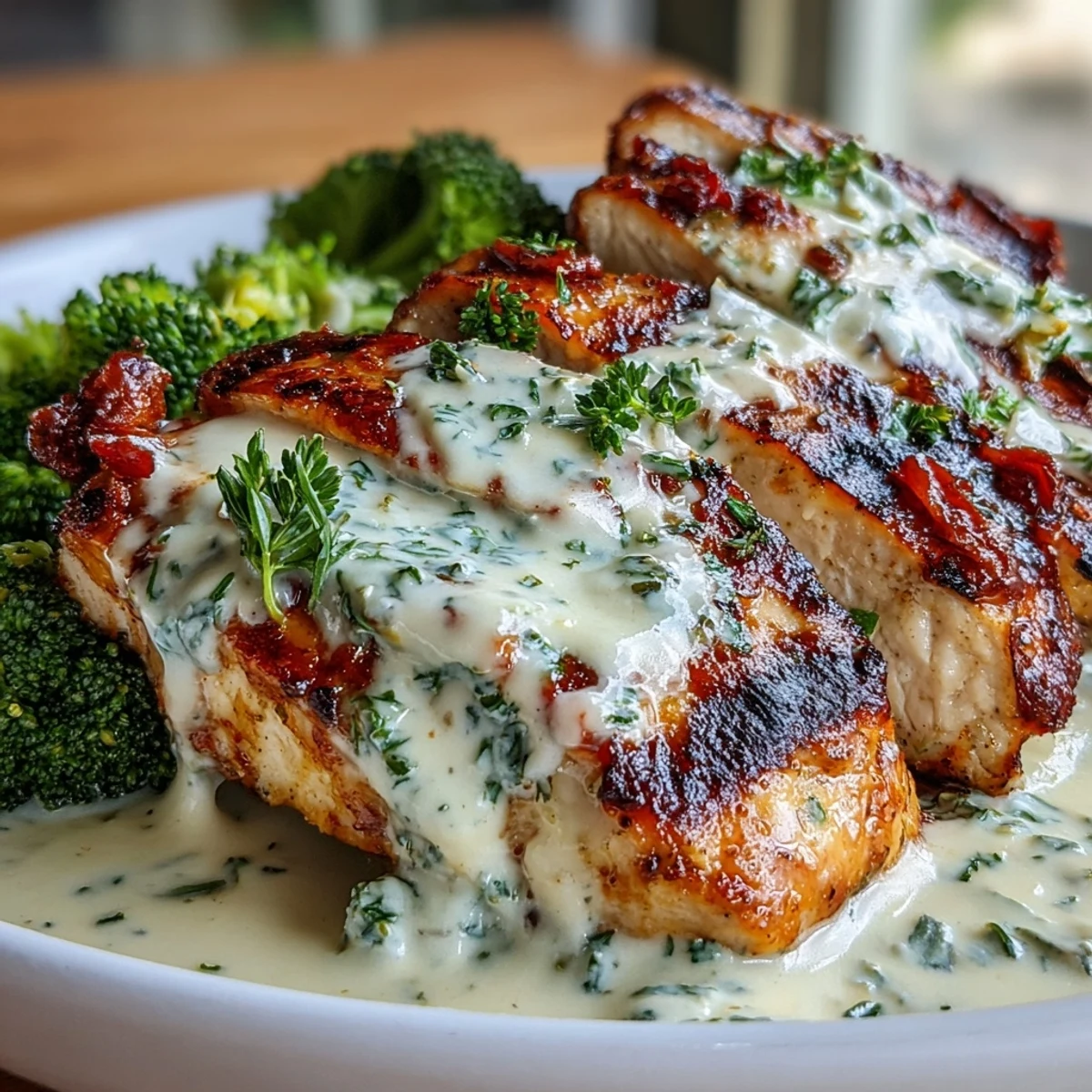 Savory keto meal prep featuring perfectly grilled chicken, sautéed broccoli, and a luscious creamy garlic sauce.
