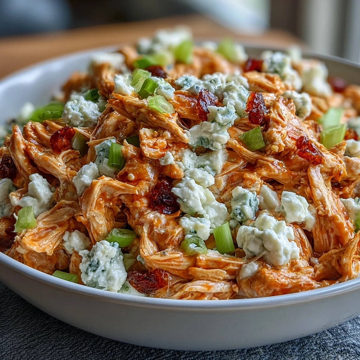 Creamy buffalo chicken salad with cottage cheese, crunchy celery, and tangy buffalo sauce served with crackers and fresh veggies.  
