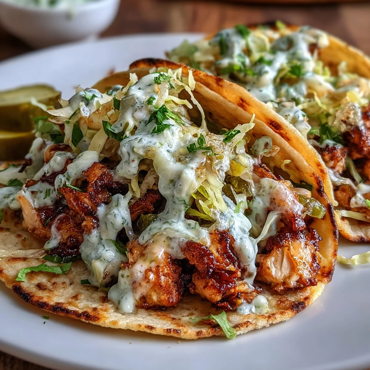 Crispy cheese-crusted tacos filled with seasoned ground chicken, dill pickles, and crunchy cabbage, drizzled with tangy ranch sauce.