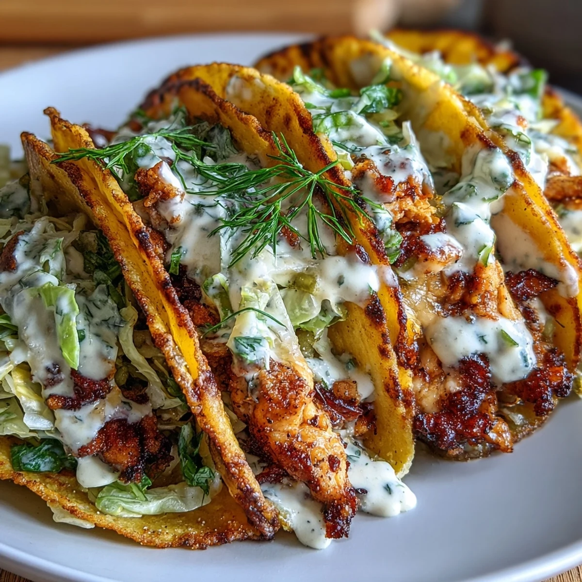 Golden cheese lace tacos packed with juicy ranch-seasoned chicken, fresh dill pickles, and vibrant shredded cabbage for a bold crunch.