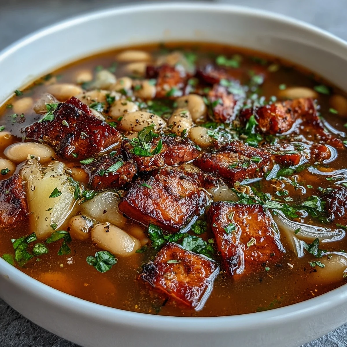 Chunky bean soup with smoked ham and potatoes, a rustic European dish perfect for warming up on cold winter days.  