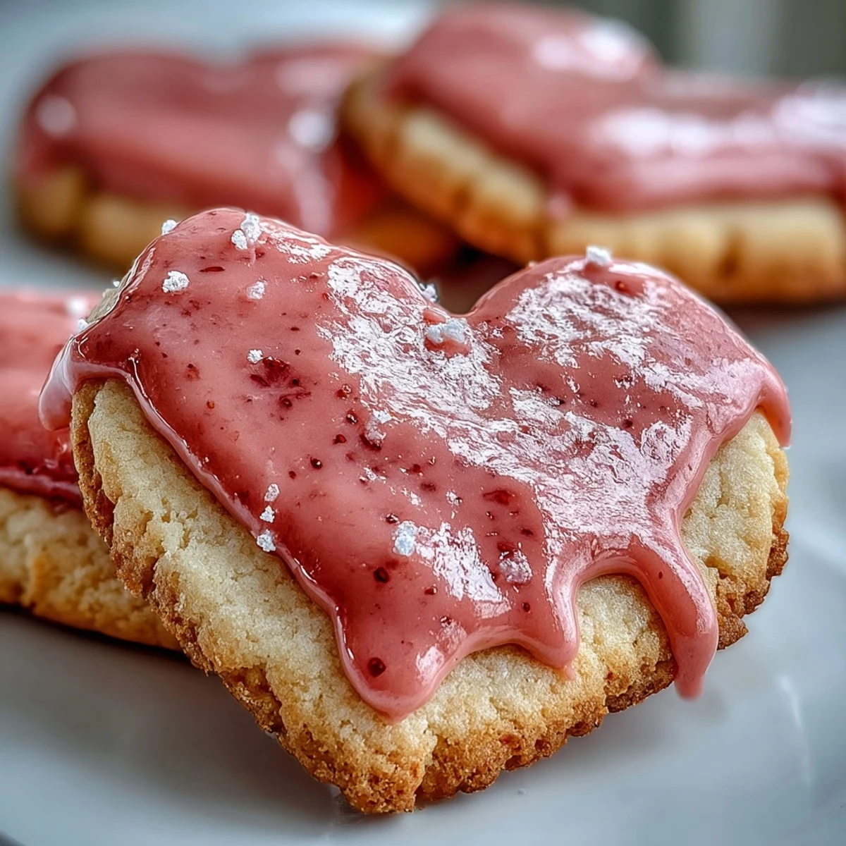 Delicate heart-shaped sugar cookies topped with naturally pink strawberry icing, perfect for a romantic Valentine's Day dessert.