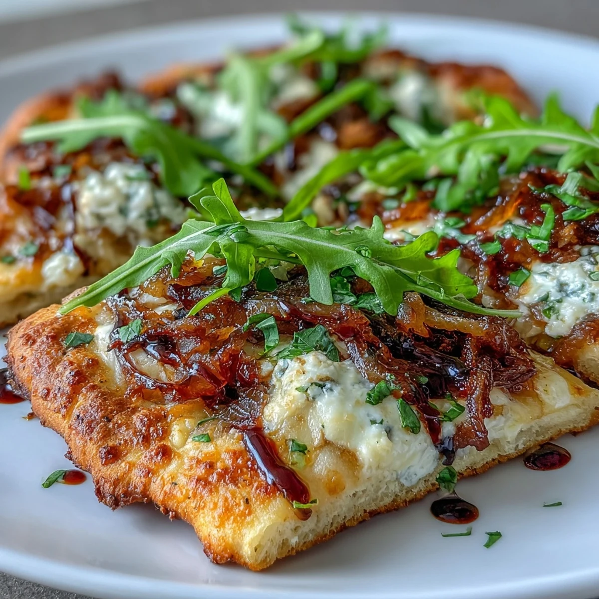 A golden flatbread pizza with sweet caramelized onions, melted mozzarella, tangy goat cheese, and peppery arugula, finished with balsamic glaze.