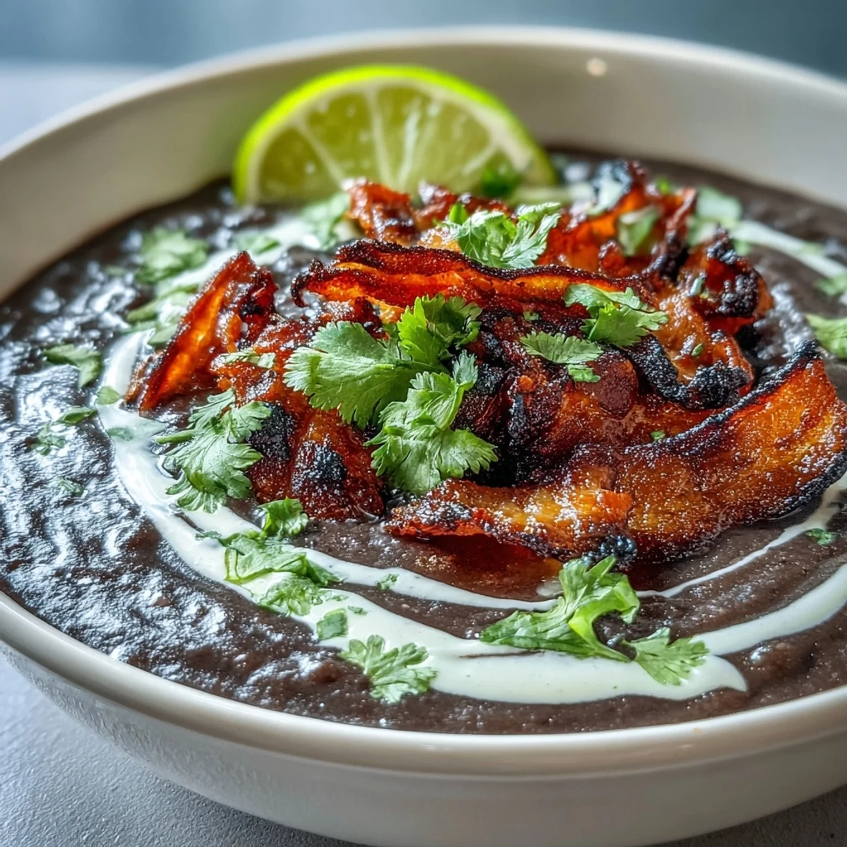 Creamy Black Bean Soup with Bacon and Lime Crema, topped with crispy bacon and a swirl of tangy lime crema.