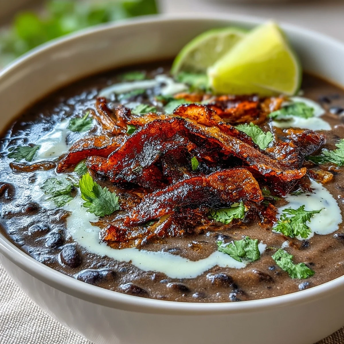 Velvety black bean soup infused with smoked paprika and cumin, garnished with crunchy bacon bits and fresh cilantro.