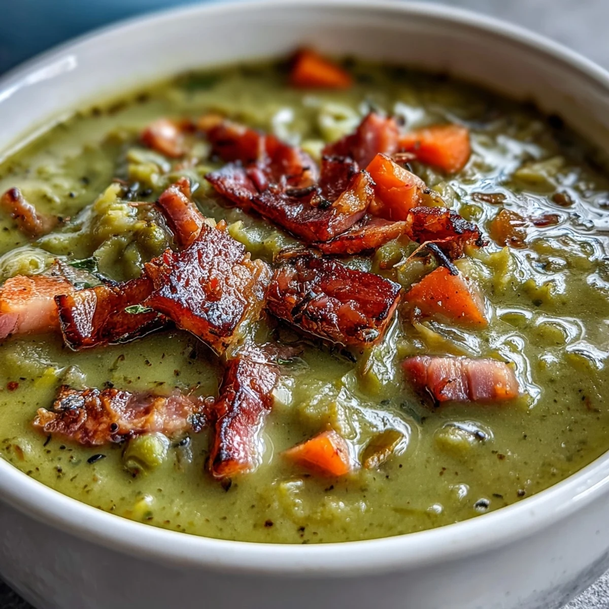 A steaming bowl of Ham and Split Pea Soup with tender carrots and savory ham chunks for a cozy meal.