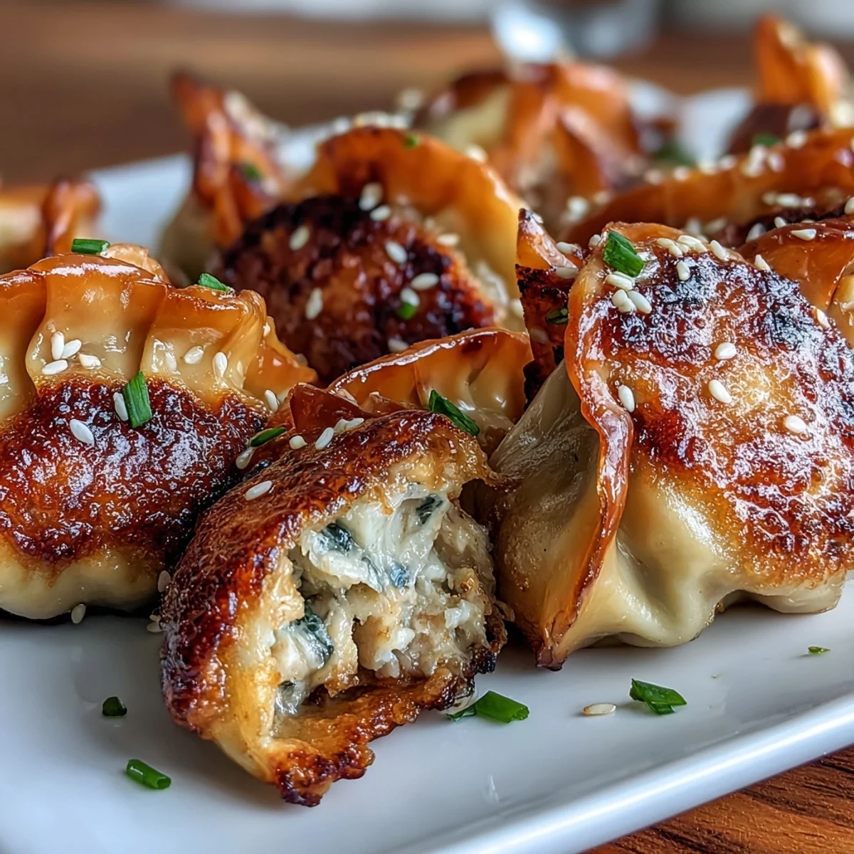 Air-fried golden chicken dumplings, tender inside and crisp outside, accompanied by a flavorful sesame soy dipping sauce.