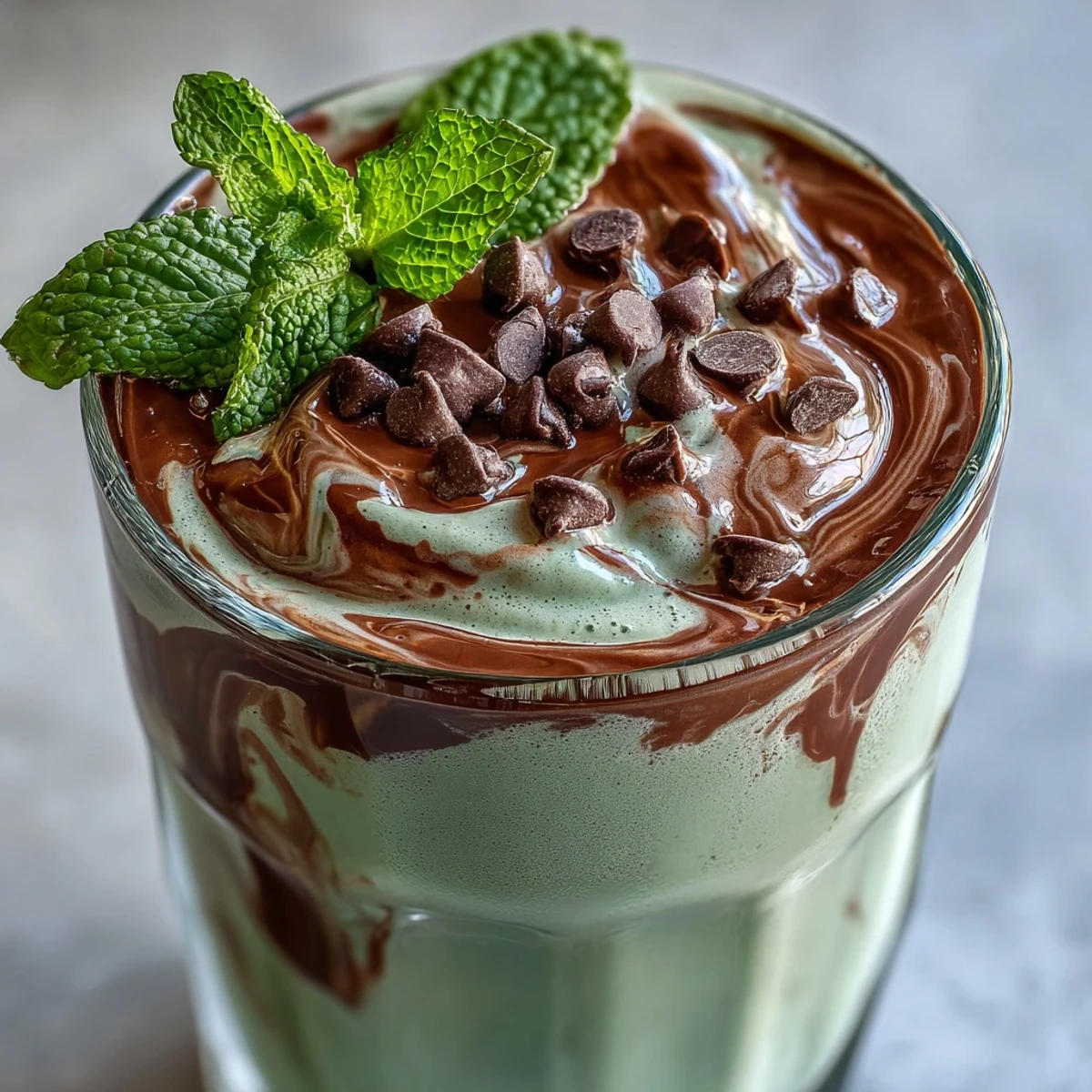 Smooth chocolate protein shake with cool mint and natural banana sweetness, blended until creamy and garnished with fresh mint leaves.