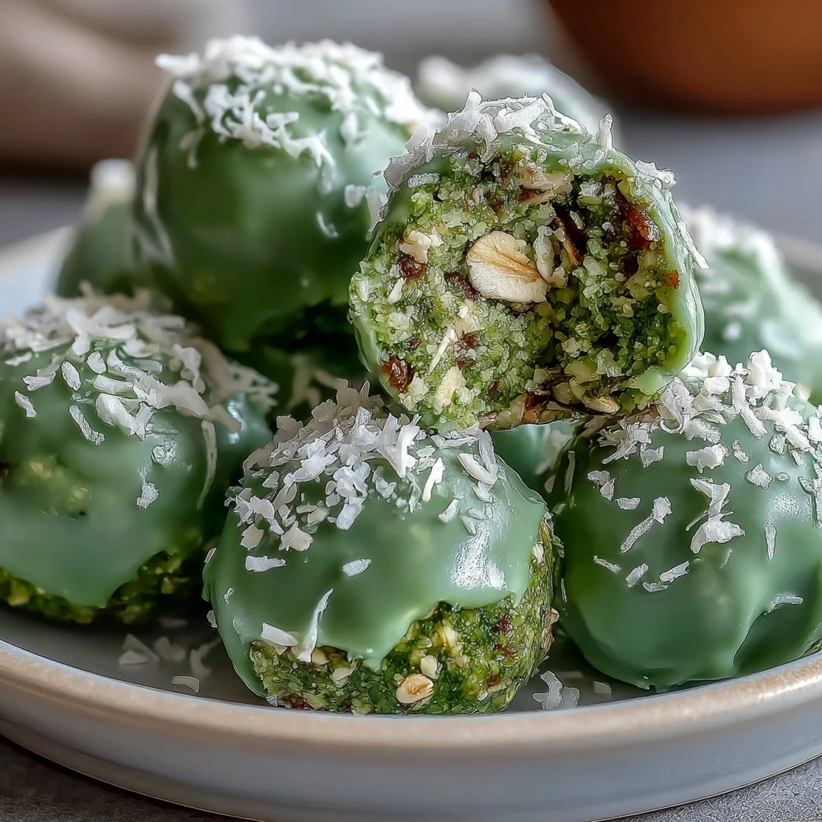 Matcha coconut energy balls with oats on a white plate, rolled in shredded coconut for extra texture and flavor.  