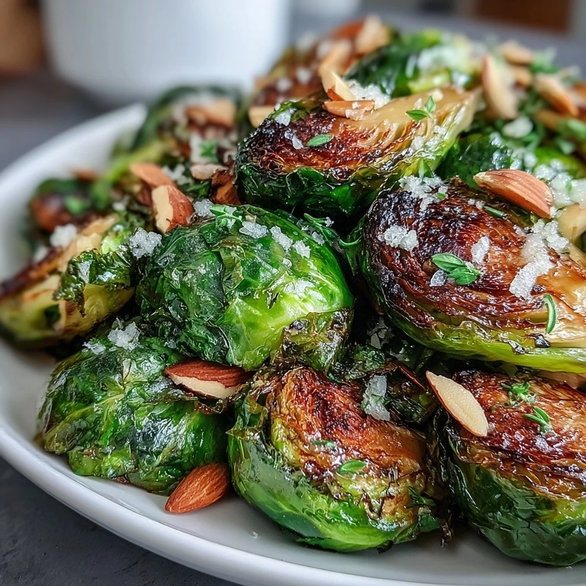Herb-Lemon Roasted Brussels Sprouts with Almonds in a rustic serving bowl, golden and crisp with toasted almond slices.