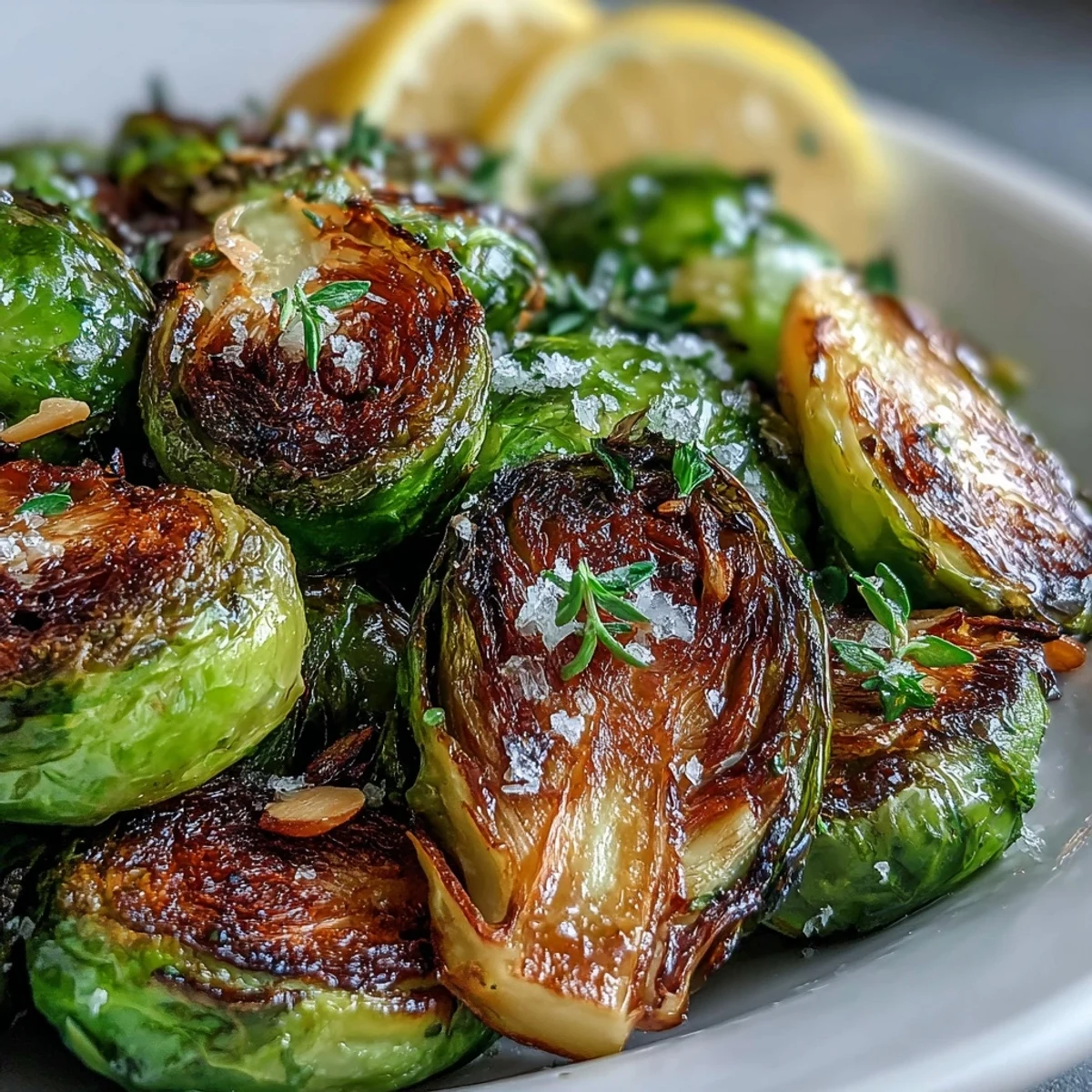 A vibrant side dish of Brussels sprouts roasted with fresh herbs, lemon zest, and crunchy almonds, served warm.