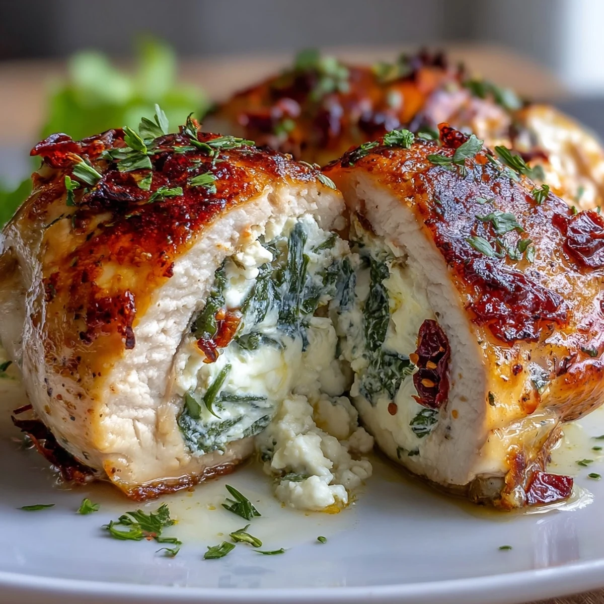 Spinach and feta stuffed chicken breasts with golden crust, juicy and savory, served on a rustic wooden board.  