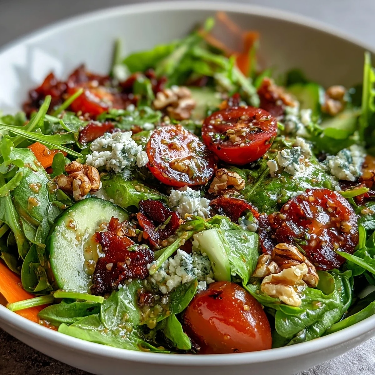 Fresh spring greens salad with honey mustard dressing, topped with crisp cucumber and cherry tomatoes.  