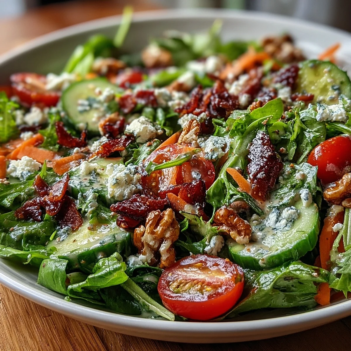 Vibrant spring greens salad drizzled with tangy honey mustard dressing and crunchy toasted walnuts.  