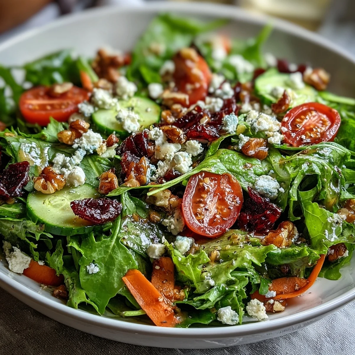 Colorful spring greens salad with honey mustard dressing, featuring julienned carrots and crumbled feta cheese.