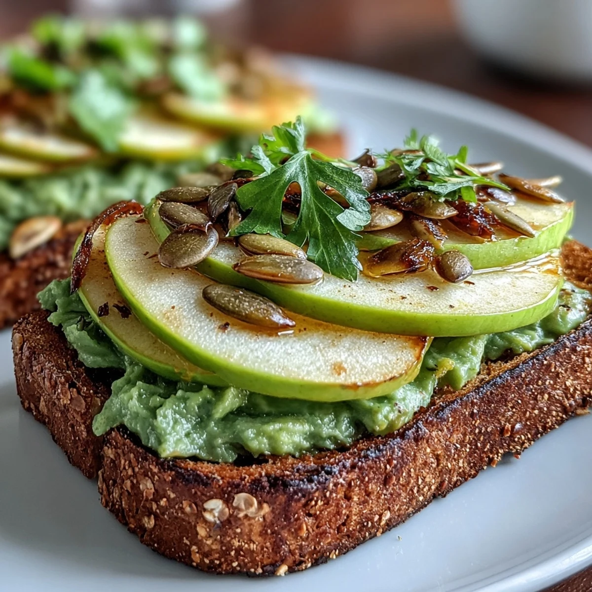 Avocado and green apple breakfast toast topped with crunchy pumpkin seeds for a fresh, nutritious morning meal.  