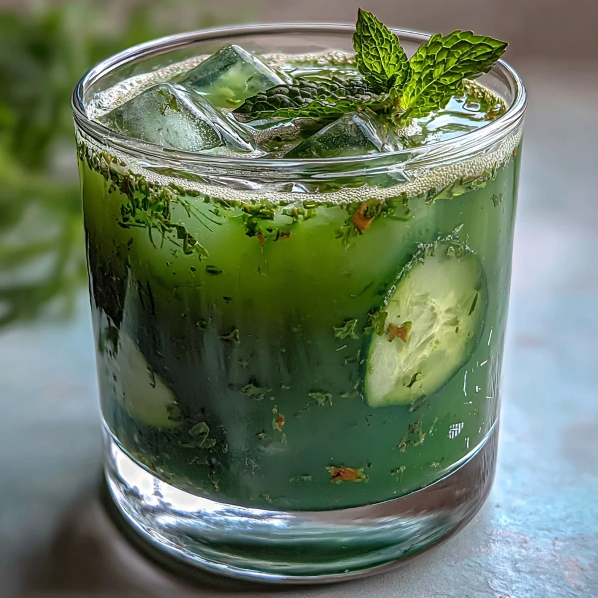 A healthy, homemade detox juice featuring fresh cucumber, apple, and ginger root, lightly sweetened and strained for a smooth, invigorating drink.