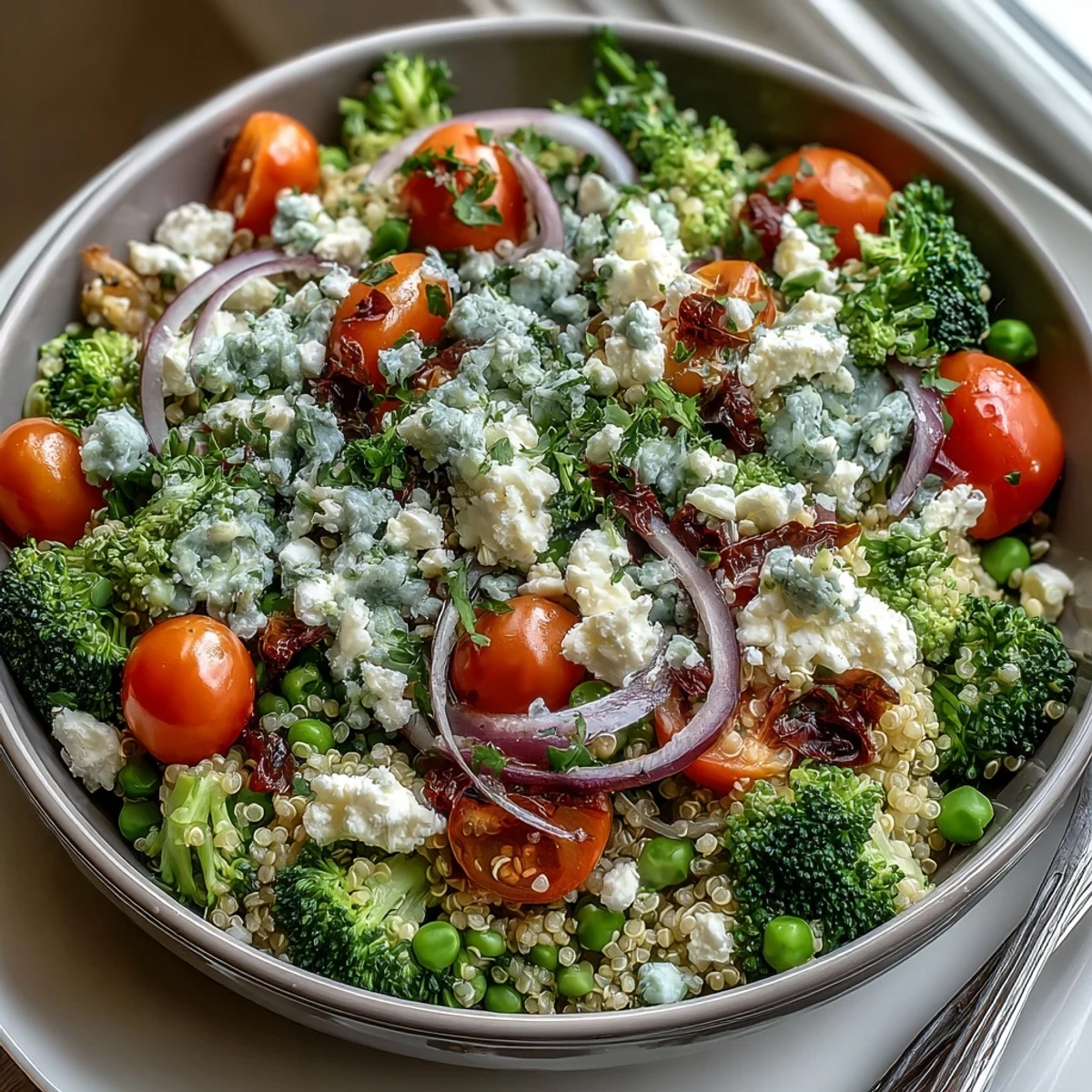 Wholesome and satisfying, this protein-packed bowl combines fluffy quinoa, tender broccoli, and bright green peas, finished with creamy feta and zesty lemon dressing.