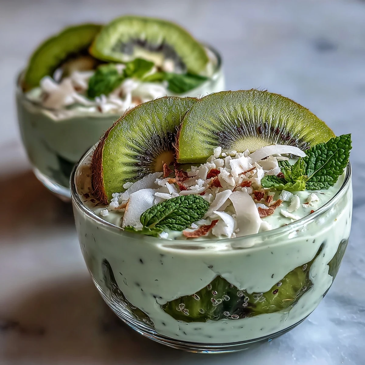 Creamy chia pudding cups layered with tangy kiwi and zesty lime, topped with fresh kiwi slices and coconut flakes for a vibrant vegan breakfast.