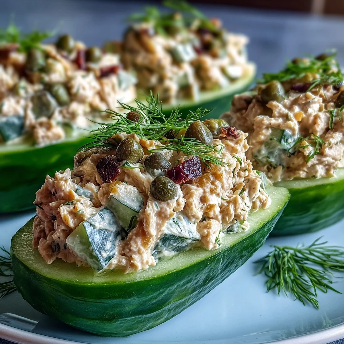 Vegan chickpea tuna salad stuffed cucumbers are a vibrant, refreshing appetizer perfect for summer gatherings.  
