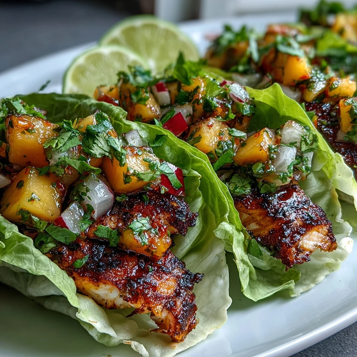 Fresh grilled fish tacos in crisp lettuce shells topped with vibrant mango salsa and creamy avocado slices — a light and healthy Mexican-inspired meal.