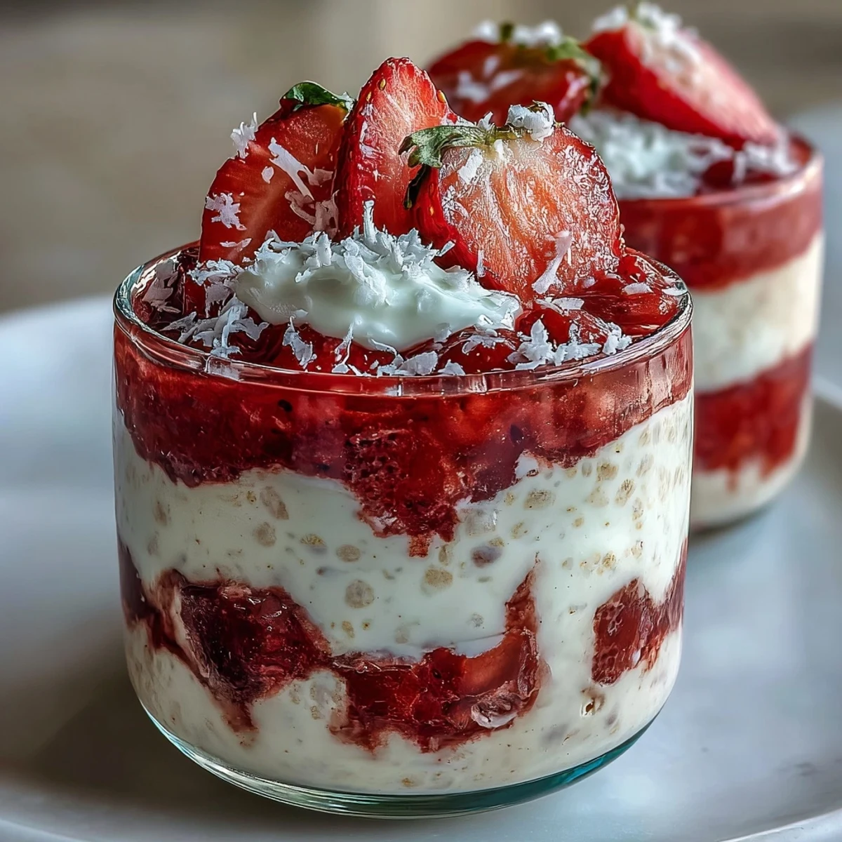 Vibrant overnight oats with juicy strawberries and creamy coconut, layered in a glass jar for a refreshing spring breakfast.  