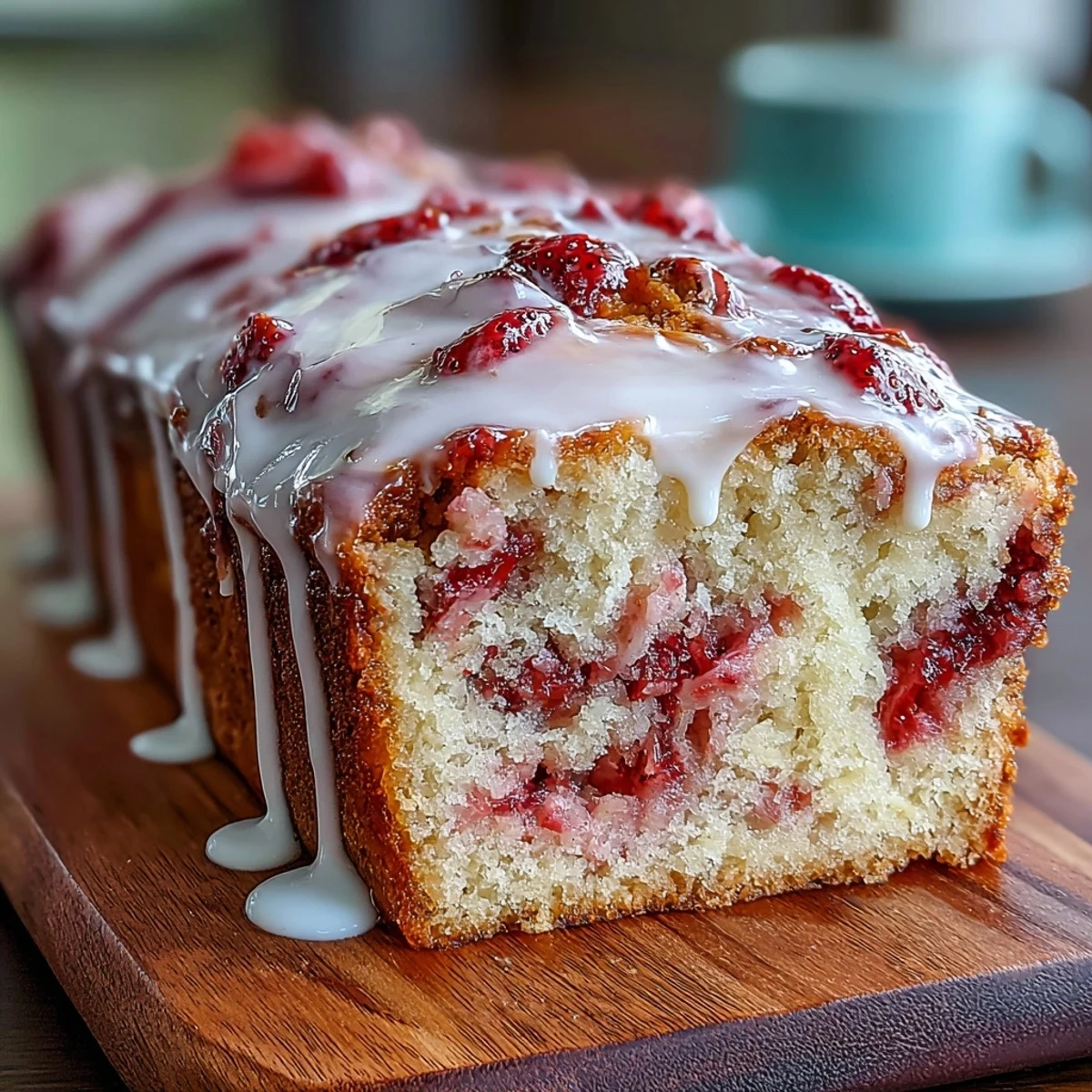 Buttery pound cake marbled with vibrant homemade strawberry swirl, topped with a smooth vanilla glaze for a classic dessert.