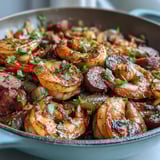 Spicy Keto Cajun Shrimp and Sausage Skillet served steaming hot with fresh parsley and lemon wedges for zest.