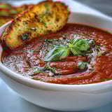 A creamy vegan tomato basil soup with fresh herbs and silky coconut milk, served with golden garlic sourdough dippers.  