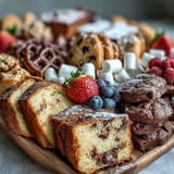 A festive assortment of lemon loaf, chocolate chip cookies, and brownie squares arranged on a dessert platter for graduation parties.