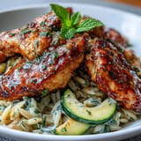 Bright, vibrant one-pan lemon chicken and zucchini orzo dish, perfect for weeknights.
