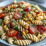 Crisp summer corn and juicy tomatoes in a zesty pasta salad, perfect for outdoor dining.