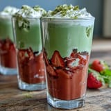 Iced strawberry matcha latte topped with airy cold foam, ready to enjoy.