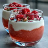 Delicate pink Raspberry Rose Jello Parfait dessert, topped with fresh berries.