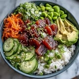 Flaky canned tuna poke bowl, a quick and colorful weeknight meal.