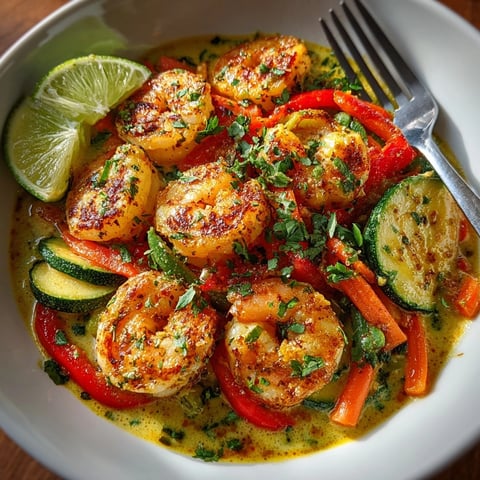 Colorful shrimp and vegetable curry simmered in creamy coconut sauce, served with fresh cilantro.