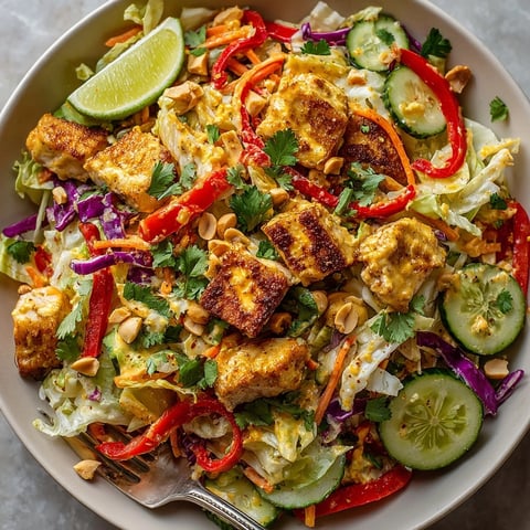 Colorful bowl of Thai Curry Chicken Salad with fresh veggies, creamy dressing, and peanut garnish