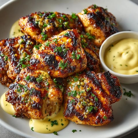 Grilled chicken bites with creamy garlic sauce served on a platter, garnished with fresh parsley.