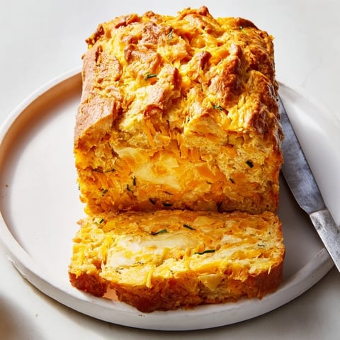 Flaky Sweet Potato Cheddar Muffin Loaf showcases golden layers of savory goodness, perfect for breakfast.  