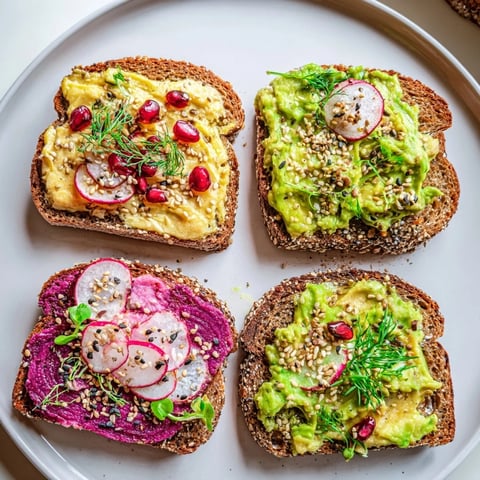 Vibrant Bright & Bold Breakfast Toasts topped with ube, avocado, and fresh garnishes.  