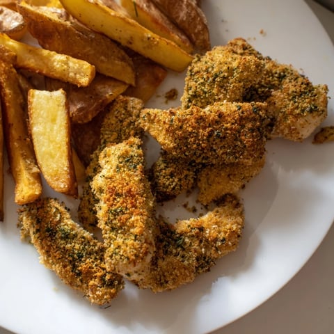 Golden-brown Herbed Chicken Tenders with crisp potato wedges, a hearty, homemade American dinner, ready to eat.