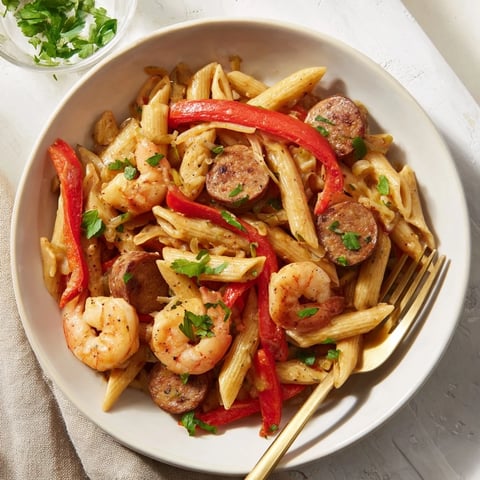 Cajun Sausage & Shrimp Alfredo pasta skillet, a creamy dish with perfectly cooked shrimp and savory sausage.