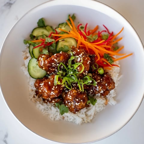 Sriracha Honey Chicken Rice Bowl: A colorful image showcasing glistening, glazed chicken atop fluffy rice and fresh veggies.