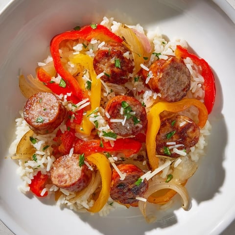 A steaming plate of Italian Sausage & Peppers Rice, fragrant with herbs and tender sausage.